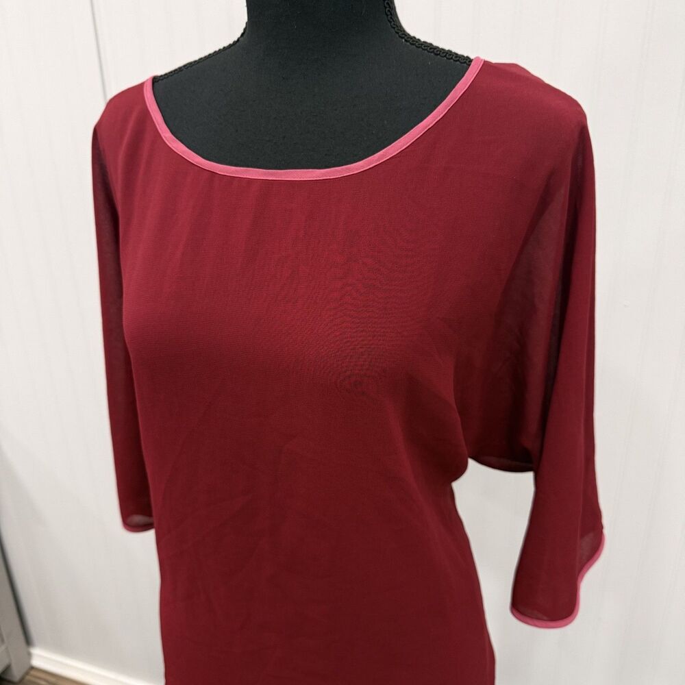 VaVa by Joy Han Women's Large Burgundy Sheer Blouse w/ Contrast Tail Boho Chic - Picture 2 of 6